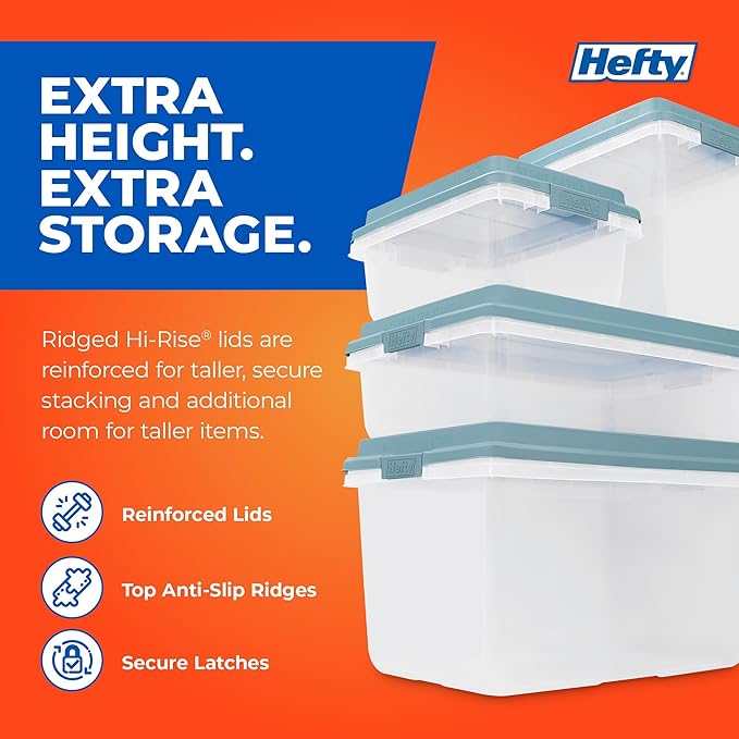 Hefty 18 Quart Hi-Rise Storage Bin with Lid Stackable Plastic Container for Home Office and Classroom Organization 8 Pack Smoke Blue