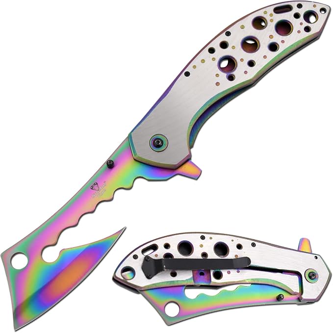 Snake Eye Tactical 12 Jumbo Huge Heavy Duty Ultra Smooth One Hand Opening Folding Pocket Knife Limited Edition Collectors Knife - Ideal for Recreational Work Hiking Camping (Rainbow)