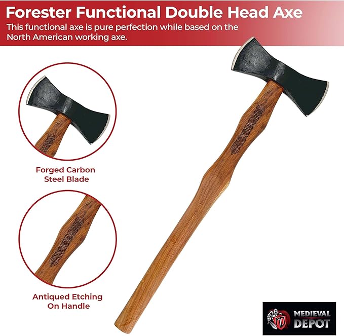 MedievalDepot North American Forester Double Head Axe - Overall 30 - Hand Forged Carbon Steel - Functional &amp Durable