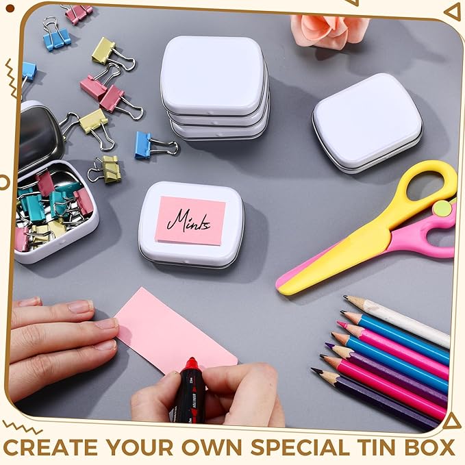 100 Pcs Metal Hinged Tin Box Rectangular Small Tin Container with Lid Mini Portable Tinplate Storage Box for Drawing Pin Candies Jewelry Crafts Button Pill 2.4 x 1.8 x 0.6 Inch(White)