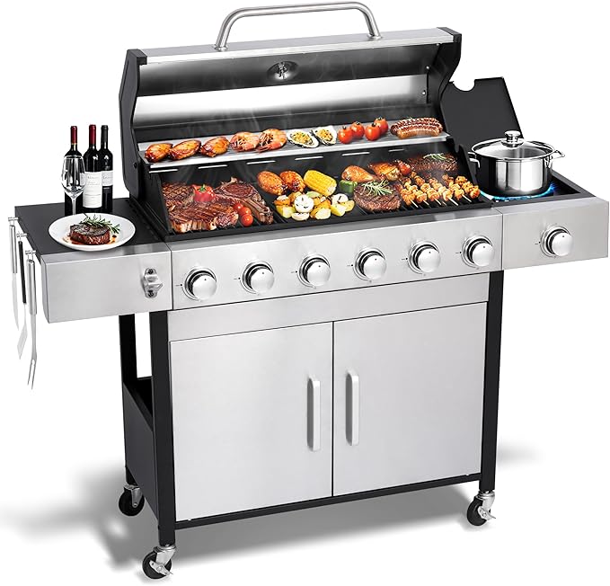 6-Burner Propane Gas BBQ Grill with Side Burner - 65850 BTU Total Output Stainless Steel Grills with Enameled Cast Iron Grill for Outdoor Backyard Barbecue 620 SQ. IN. Cooking Area