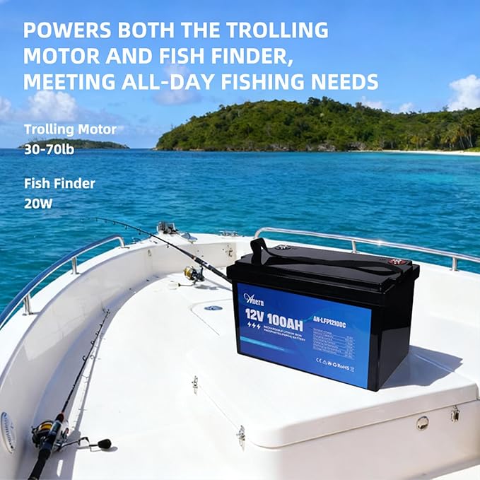 12V 100Ah LiFePO4 Deep Cycle Lithium Battery 15000 Cycles Built-in 100A BMS Perfect for Marine RV Marine Trolling Motor Solar Off-Grid System