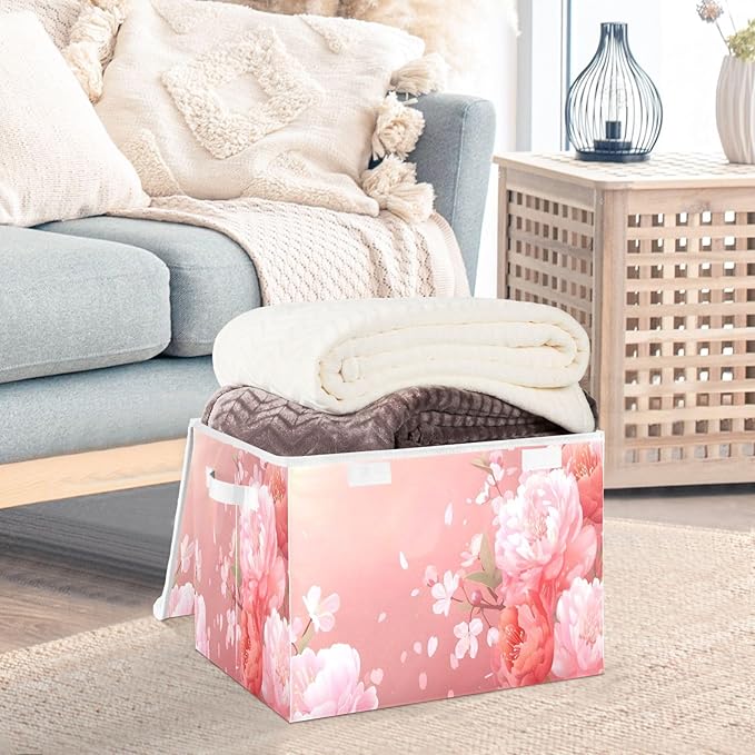 MNSRUU Containers Baskets with Lids Pink Flowers Foldable Storage Bins Organizer with Lid Collapsible Storage Boxes for Home Bedroom Closet Office