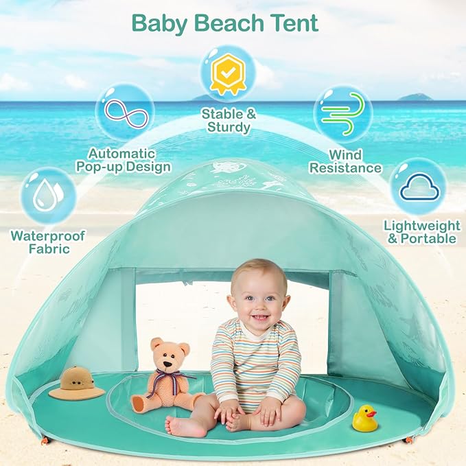 Zooawa Baby Beach Tent Pop Up Beach Tent Sun Shade for Beach Portable Shade Pool UV Protection Sun Shelter for Infant with Beach Sand Toys Set