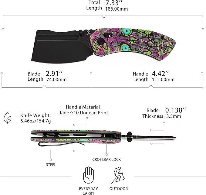 KANSEPT Korvid V Pocket Knife 2.91'' America Blackwash D2 Blade Jade G10 with Purple Undead Print Handle Thumb Stud with Crossbar Lock Double Sided Clip for EDC Camping Folding Knives TE2030V5