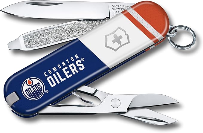 Victorinox Classic SD Swiss Army Knife – Compact 7 Function Swiss Made Pocket Knife with Small Blade Screwdriver and Key Ring – Edmonton Oilers