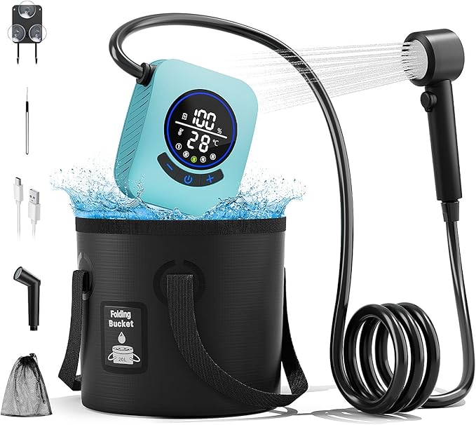 8000mAh Portable Camping Shower Upgrade Rechargeable Electric Shower Pump with 5 Gallon Bucket Intelligent LED DisplayPortable Shower for Outdoor