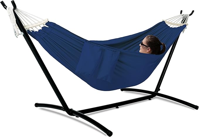 Gafete Double Hammock with Stand for Outside Upgraded Spreader Bar Heavy Duty Space Saving Steel Stand 2 Person Side Pockets Easy Assembly 600lbs Weight Capacity Indoor &amp Outdoor (Navy Blue)