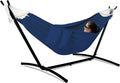 Gafete Double Hammock with Stand for Outside Upgraded Spreader Bar Heavy Duty Space Saving Steel Stand 2 Person Side Pockets Easy Assembly 600lbs Weight Capacity Indoor &amp Outdoor (Navy Blue)