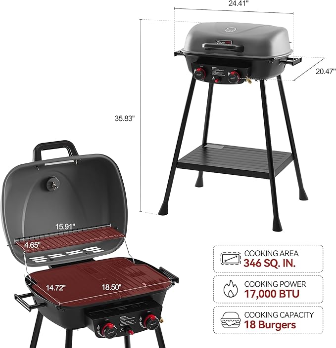 Royal Gourmet GT2003 Portable 2 Burner Propane Gas Grill with Stand and Warming Rack 2-in-1 Grill Griddle Combo with 17000 BTUs Output forCamping Tailgating Backyard Gray