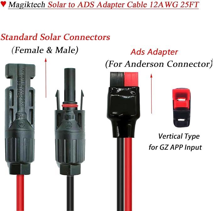 Solar Panel Kits Charge Cable Compatible with Anderson Adapter and Solar Connectors for Portable Power Stations Solar Generators (12AWG 25FT Vertical)