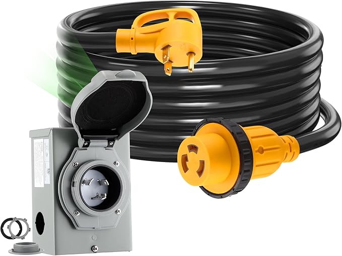 Kanayu 15FT 30 Amp RV Generator Cord and Power Inlet Box Compatible with NEMA TT-30P to L5-30R Lock Generator Extension Cord with LED Indicator Pre-Drilled L5-30P Inlet Box ETL Listed