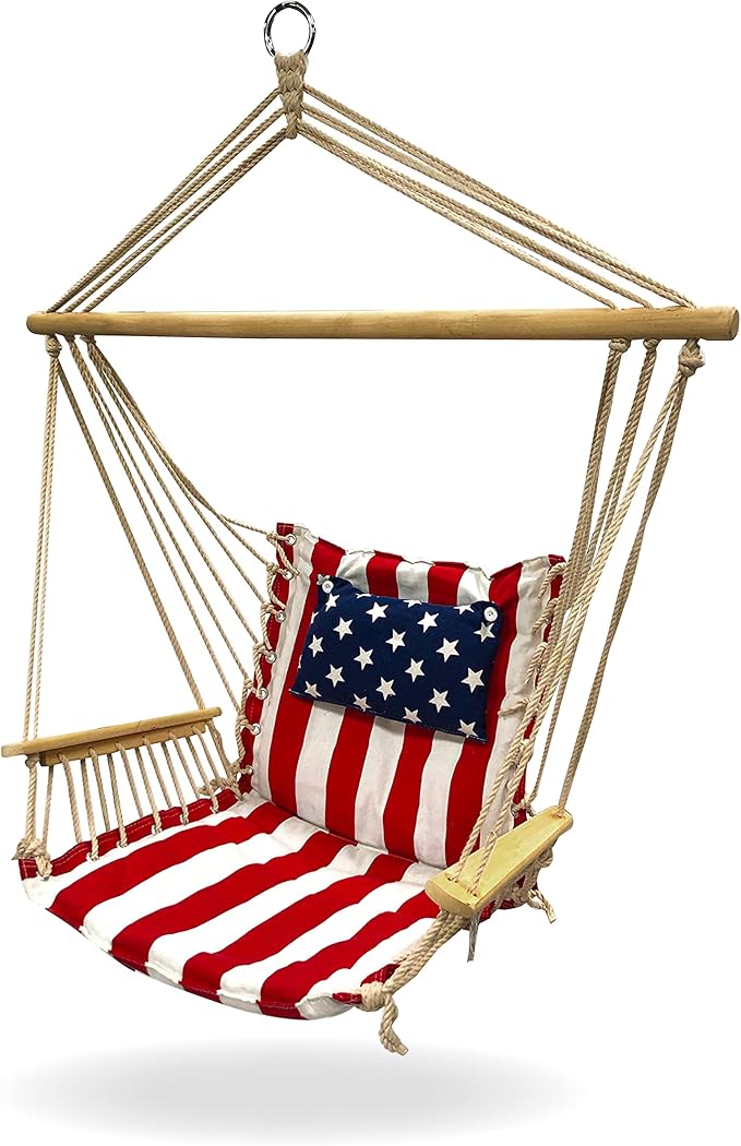 Hammock Chair Hanging Rope Swing *12 Patterns Quality Comfortable and Breathable Fabric - Indoor/Outdoor - Red White and Blue