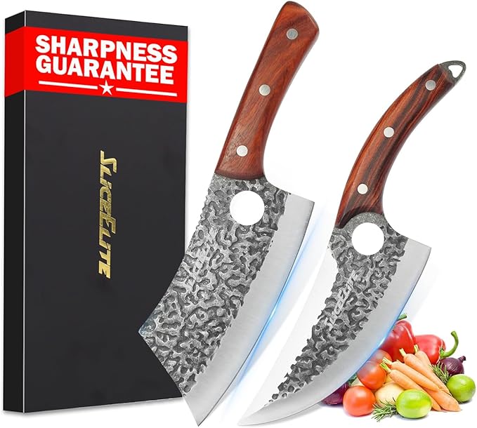 SliceElite 2PCS Hand-Forged Butcher Knife Set | Cleaver &amp Viking Knives for Meat Cutting | Professional Chef Knife Gift Box Perfect BBQ Tool for Men
