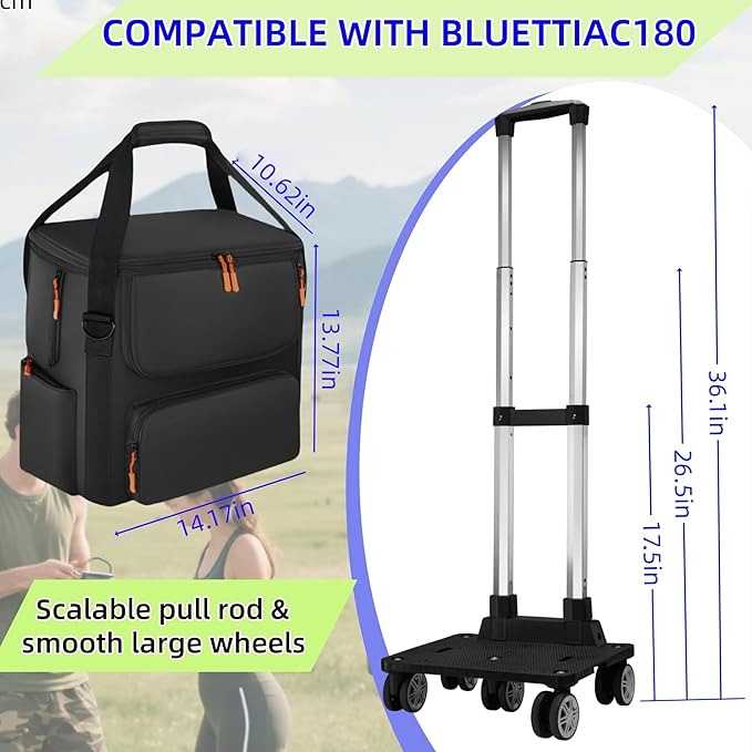 Compatible with BLUETTI AC180 Wheeled Carrying Case - Soft Fabric Power Station Travel Bag with Retractable Handle Multi-Pockets &amp Side Zipper (Black Rolling Case)