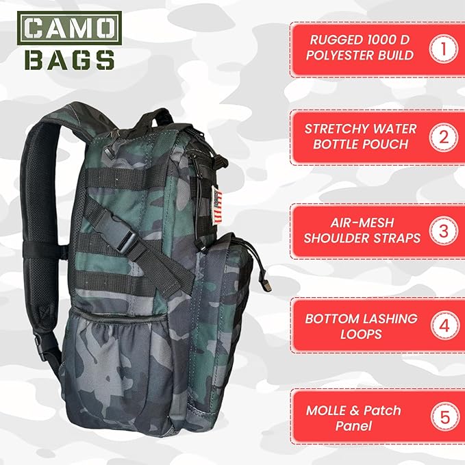 Camo Tactical Daypack Backpack - 1000D Polyester Tactical Backpack with Multi Compartments Air-Mesh Padded Back Side Compression &amp Adjustable Shoulder Straps - Travel Backpack Use for Outdoor &a