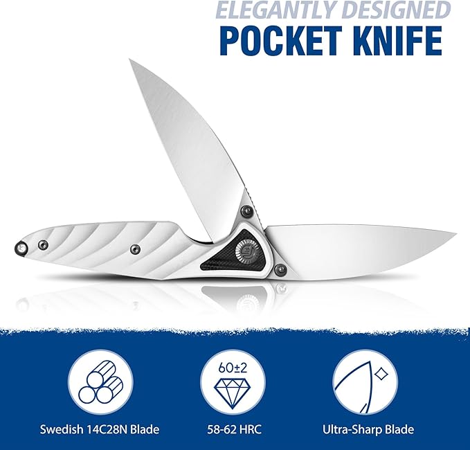 FINTISO Pocket Knife 3.15 Folding Knife Premium 14C28N Blade Bicolour White and Black G10 Handle Design with Liner Lock Pocket Clip for Men Women Small EDC Knife for Camping Hunting Hiking Survi