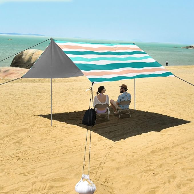 Beach Canopy with Windproof Ropes &amp Sandbags Beach Tent Sun Shade Sun Shelter for Camping Trips Fishing Backyard Fun or Picnics Stripes