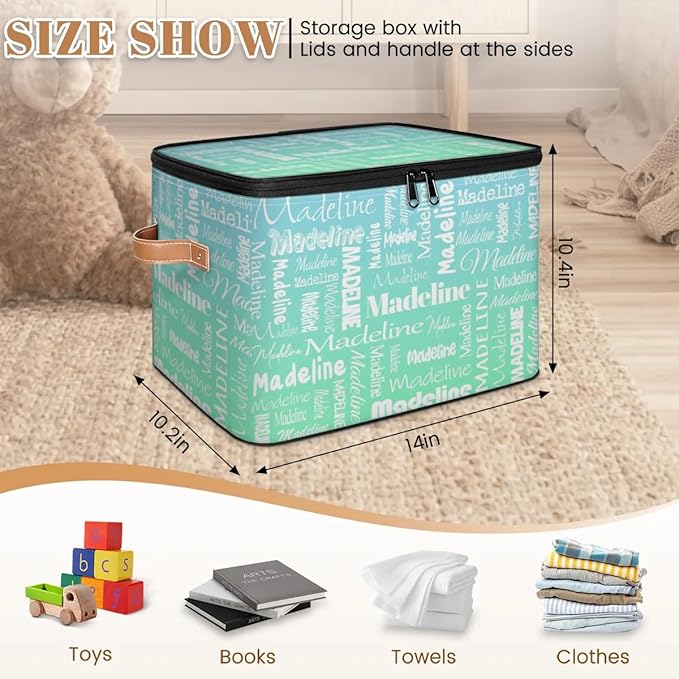Custom Storage Basket with Name Personalized Keepsake Box with Zipper Lid Foldable Fabric Memory Bin Large capacity with Handle Bright Green Blue