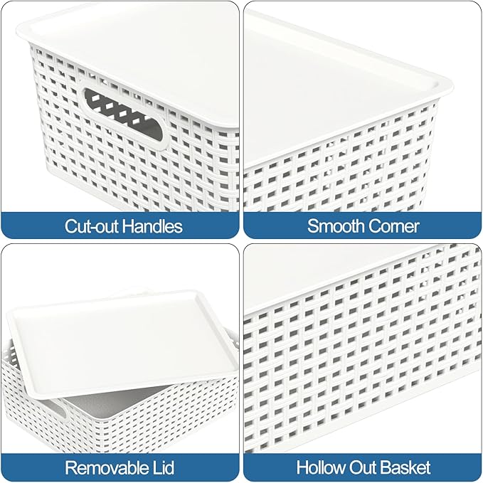 Hespama 6-Pack Plastic Weave Storage Basket with Lid Stackable Organizer Basket White