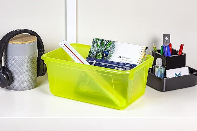 Storex Small Cubby Bins – Plastic Storage Containers for Classroom with Non-Snap Lid 12.2 x 7.8 x 5.1 inches Tint Yellow 5-Pack (62482A05C)