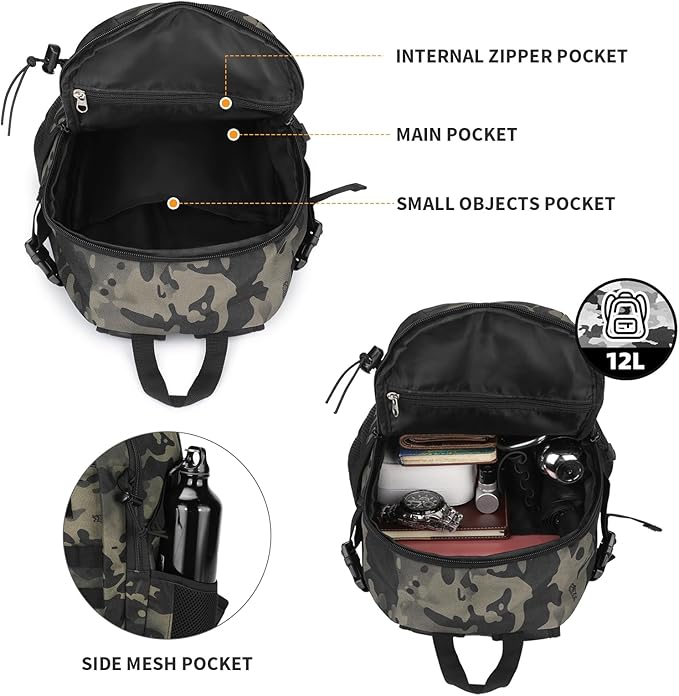 HUNTVP 10L Tactical Backpack Small Backpack Mini Daypack Rucksack Gear Tactical Assault Pack Bag for Hunting Camping Trekking (10L-Camo)