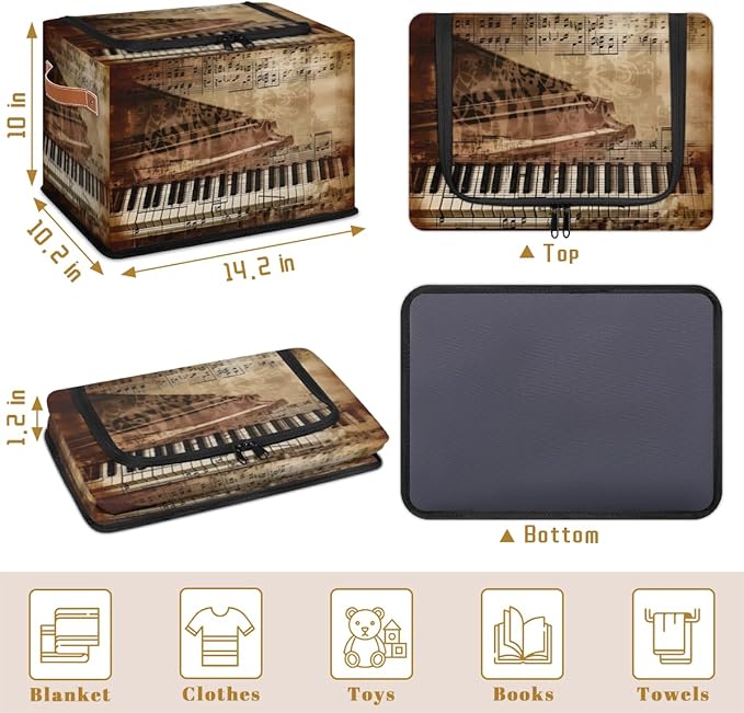 Retro Piano Storage Box with Lid Music Notes Collapsible Storage Bins Baskets Cubes Closet Shelf Clothes Organizer Containers with PU Leather Handles