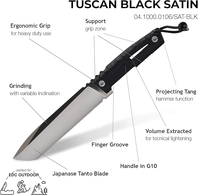 Extrema Ratio - Tuscan (Black) Fixed Blade Knife Bohler N690 steel blade 3.5 mm thick hardened to 58 HRC satin finish blade aluminum handle made in Italy