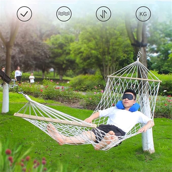 Portable Hammock Portable White Hammock with Wooden Splitter Bars Nylon Rope Mesh Swing Seat Bed for Backpacking Beach
