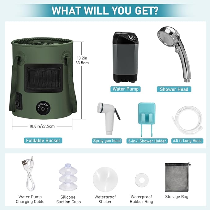 Portable Camping Shower Pop Up Shower Privacy Tent Kit with LED Lights 4500mAh Rechargeable Shower Pump Filtered Shower Head &amp 7.4 Gallons Foldable Bucket Outdoor Shower for Hiking Beach Trav