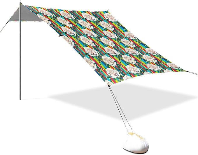 ALAZA Rose Flower Rainbow Stripes Beach Tent Sun Shelter UPF50+ Protection Beach Shade Canopy w/ 4 Sandbags for Outdoor Camping Fishing Backyard Fun Picnic 10x9 ft