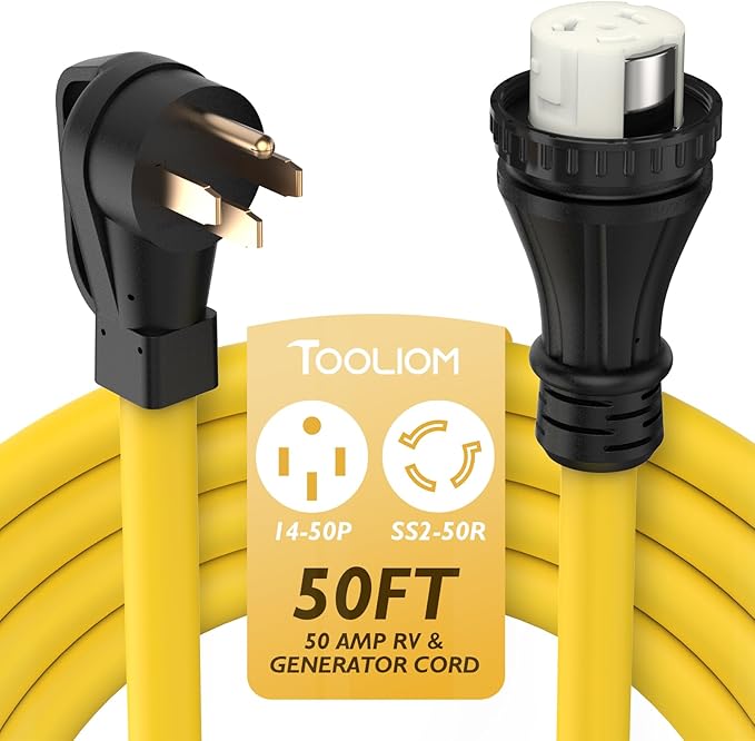 TOOLIOM 50 Amp Generator Cord NEMA 14-50P/SS2-50R Twist Lock 50 AMP for RV 125/250V 12500W 6/3+8/1 AWG STW Generator Extension Cord ETL Listed (50FT)