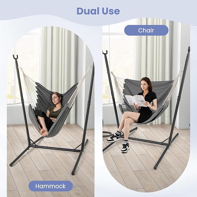 Tangkula Adjustable Hammock Chair with Stand Sturdy Swing Chair with 6 Adjustable Positions Storage Pocket Metal Frame Heavy-Duty Hammock for Indoor &amp Outdoor Use (Grey)