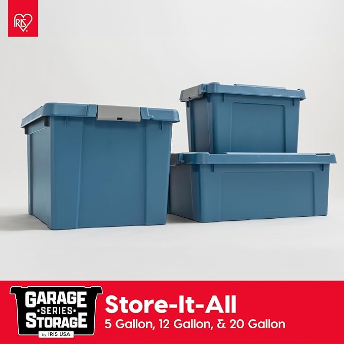IRIS USA 5 Gallon Eco-Friendly Lockable Storage Bins with Lids 6 Pack - Made in USA Heavy Duty Stackable Containers Garage Organizing Bins Moving Tubs Rugged Sturdy Equipment Utility Box - Navy
