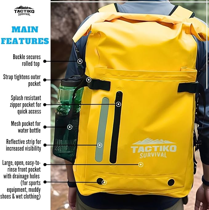 Tactiko 30L Heavy-Duty 100% Waterproof Backpack - Dry Roll-Top Floating Backpack - Rip-Stop Tarpaulin - Comfortable Padded Shoulders &amp Back - Waist Strap - Large Utility Pocket Carabiner (Yellow)