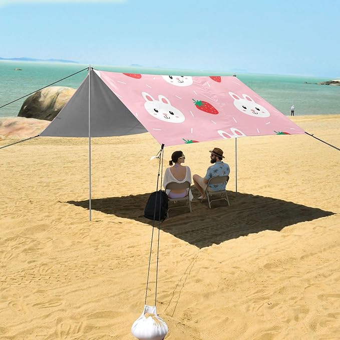 Beach Canopy with Windproof Ropes &amp Sandbags Beach Tent Sun Shade Sun Shelter for Camping Trips Fishing Backyard Fun or Picnics Rabbit