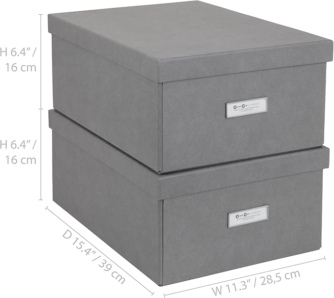 Bigso Box of Sweden Katia Collapsible Storage Box with Labelframe for Identification - Simple Assembly without Tools - Decorative Storage Boxes with Lids - 11.3in x 15.4in x 6.4in - 2 Pack - Grey