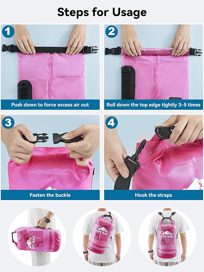 HEETA Waterproof Dry Bag with Phone Case Bundled with Upgraded Version with Emergency Whistle for Women Men Roll Top Lightweight Dry Storage Bag Backpack (Pink 5L)