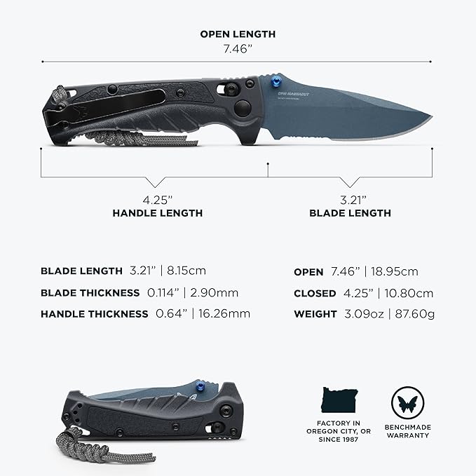 Benchmade - Mini Adira Outdoor Water Fishing Knife Drop-Point Serrated Blade with Tempest Gray Grivory Handle (18065SBT-01)