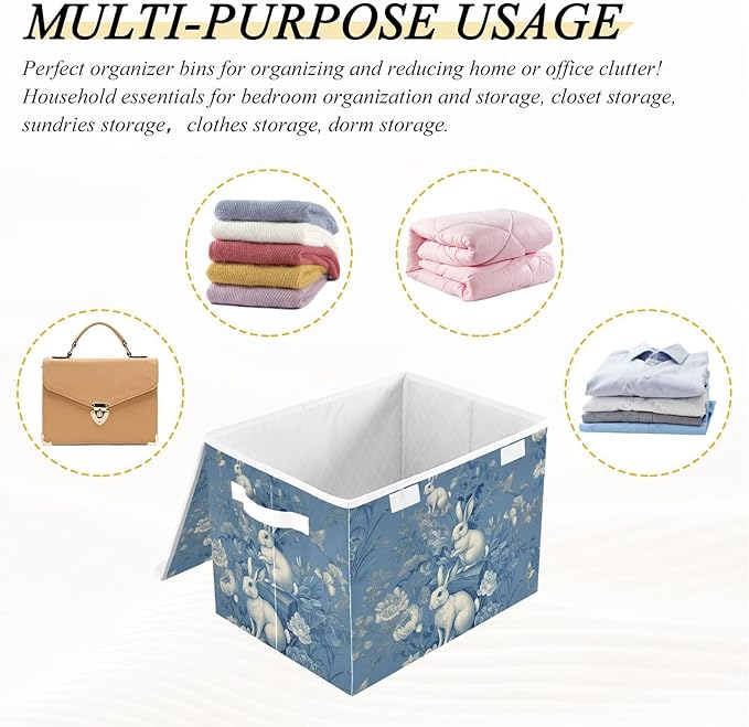 susiyo Large Foldable Storage Bin with Flip-Top Lid Chinoiserie Rabbits Storage Box Collapsible Closet Organizer Containers Boxes Decorative Baskets with Handles for Home Bedroom Living Room Office
