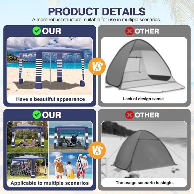 Beach Tent8'×8' Large Beach Canopy for 4-6 PeopleEasy Setup Beach Sun Shelter with UPF 50+ ProtectionAdjustable Height &amp Wind Resistant Beach Cabana for FamilyParty (Navy Blue-Stripes)
