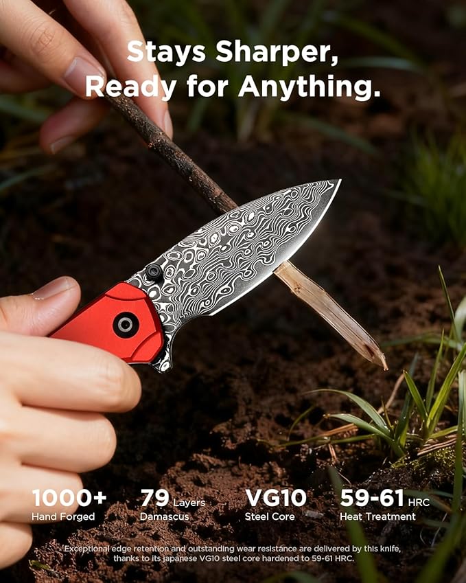 Damascus Folding Pocket Knife for EDC Small Pocket Knives for Men Women 2.99 Sharp Japanese VG10 Blade Aluminum Handle with Clip for Camping Hiking Outdoor Survival Mini 3080AR (Red)