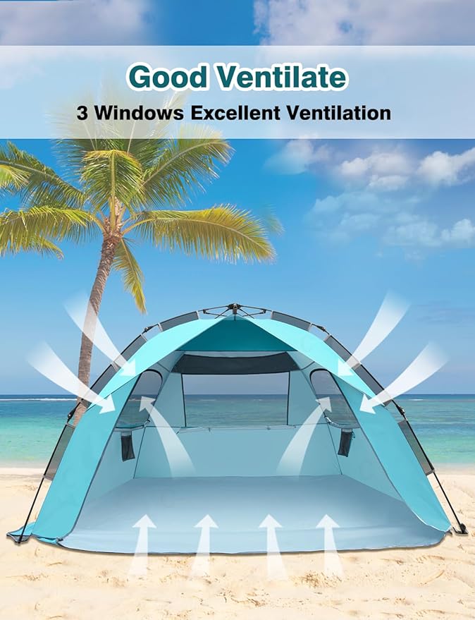 Glymnis Pop Up Beach Tent Sun Shade Shelter for 4 Person Portable Automatic Hydraulic Beach Tent with UPF 50+ Lightweight &amp Vent Windows Easy Setup for Family Picnic