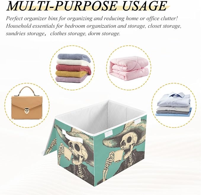 Storage Cube with Lid Skeleton Cowboy Print 16.5×12.6×11.8 IN Collapsible Large Capacity Foldable Storage Basket Bin Organizer