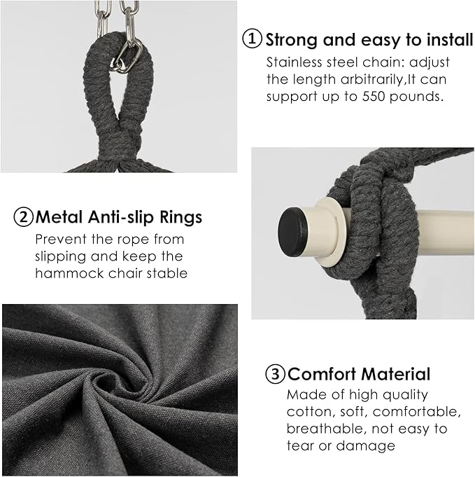 Y- STOP Hammock Chair Hanging Rope Swing Max 500 Lbs 2 Cushions Included Large Macrame Hanging Chair with Pocket Cotton Weave for Superior Comfort Durability (Dark Grey)