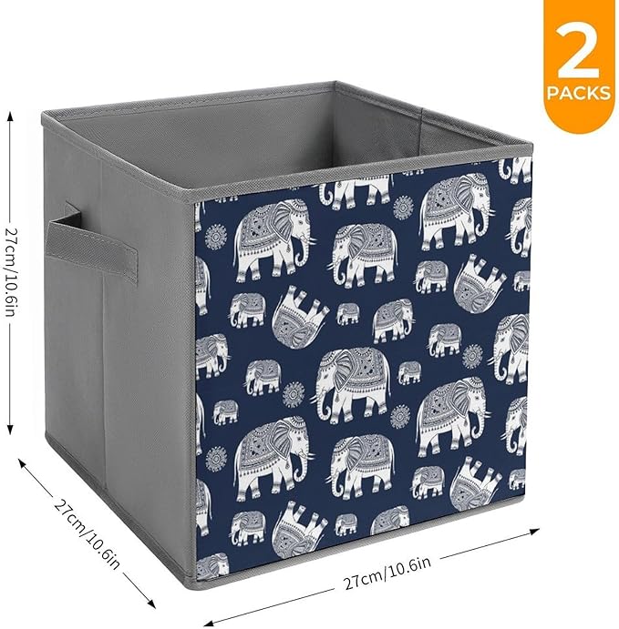Foldable Cube Storage Organizer with Handles Navy Elephant Durable Collapsible Fabric Bin for Travel &amp Camping Portable Organizer for Gear &amp Supplies
