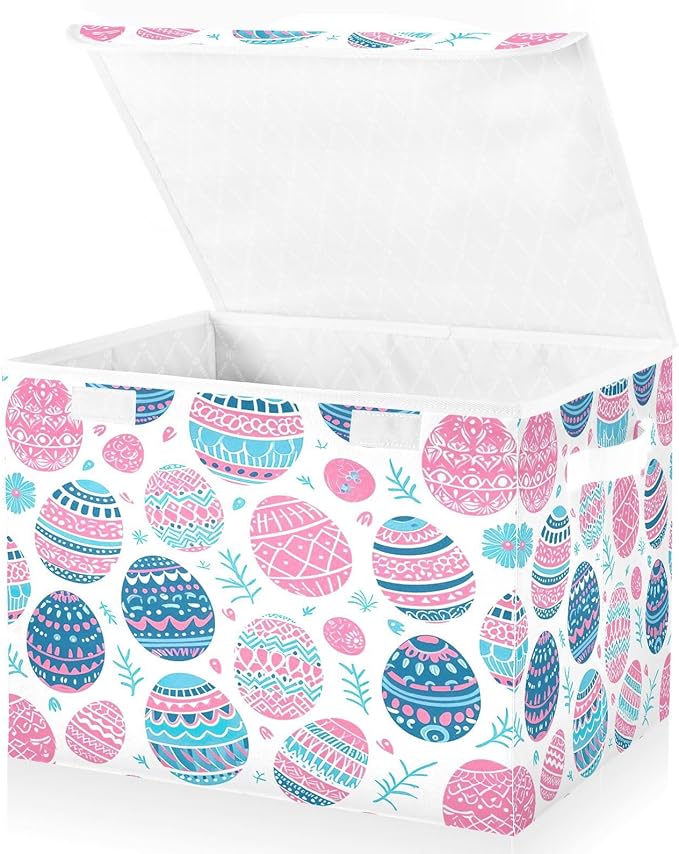 Christmas Storage Baskets with Lids Cute Eggs Collapsible Bins Stackable Fabric Linen Baskets Closet Organizer Container 16.5x12.6x11.8