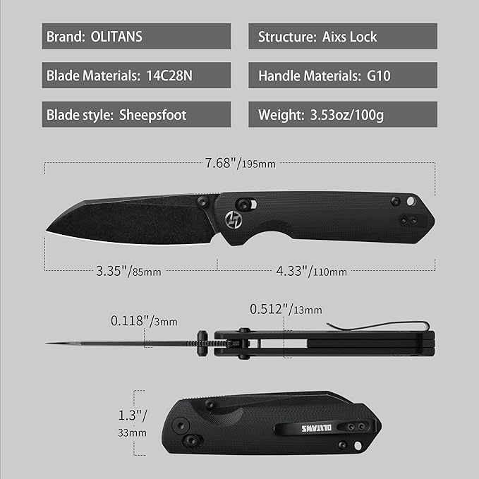 G062 Folding Knife for EDC 14C28N Steel Blade Pocket knife Crossbar Lock Knife for Outdoor Survival Hunting and Camping 3.53oz(Black+Black Coating)