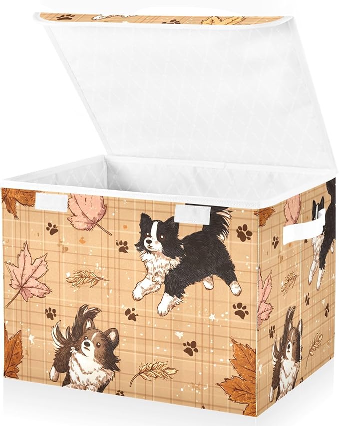 Brown Plaid Puppy Leaf Paw Storage Box with Lid 1 PC Foldable Storage Bin with Lids Stackable Storage Bins Cube Closet Organizer Basket with Flip-Top Lid &amp Handles for Shoes Books Towels