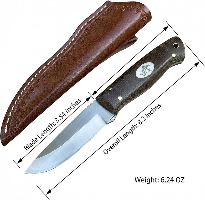 Fixed Blade Knife with Leather 3.54 D2 Steel Survival Knives for Camping Bushcraft Hunting Ergonomic Flax Handle Outdoor Survival Gear Gift for Men